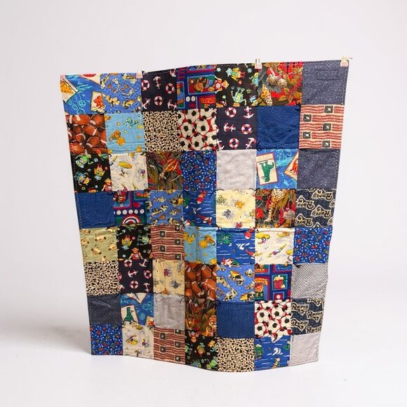 Handmade Patchwork Sports Theme Quilt With Multiple Fabric Prints - Picture 1 of 6